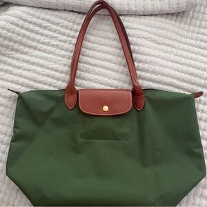 Longchamp Forest Green Tote with Brown Accents